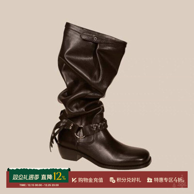 ORINOUS秋冬休闲绑带褶皱长靴女