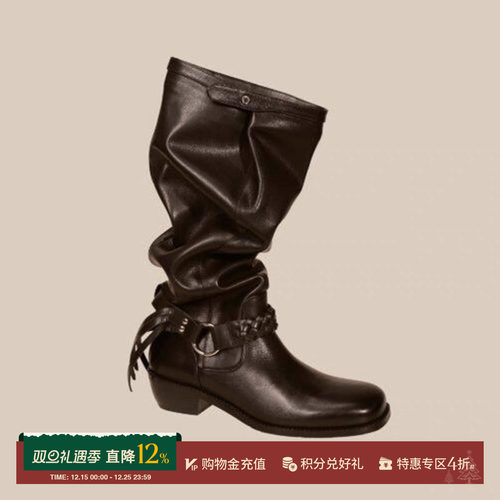 ORINOUS秋冬休闲绑带褶皱长靴女