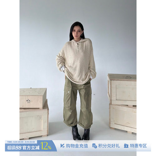 ETHOR绿色褶裥多口袋工装中裤
