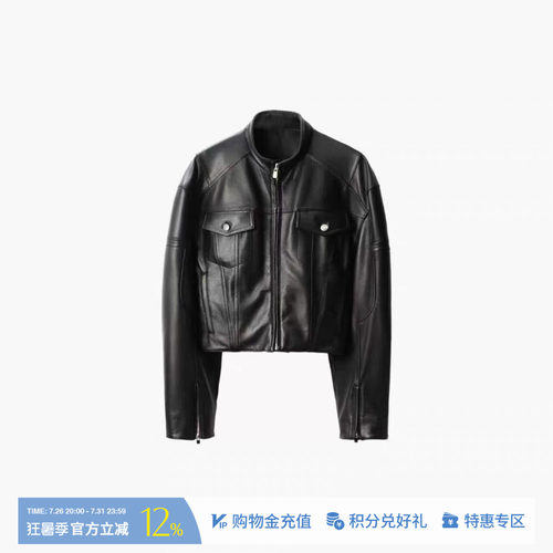 ETHOR黑色羊皮机车夹克外套