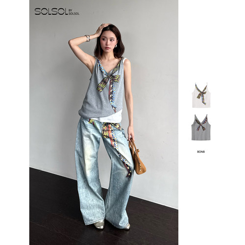 8ON826春夏新款印花扭结背心