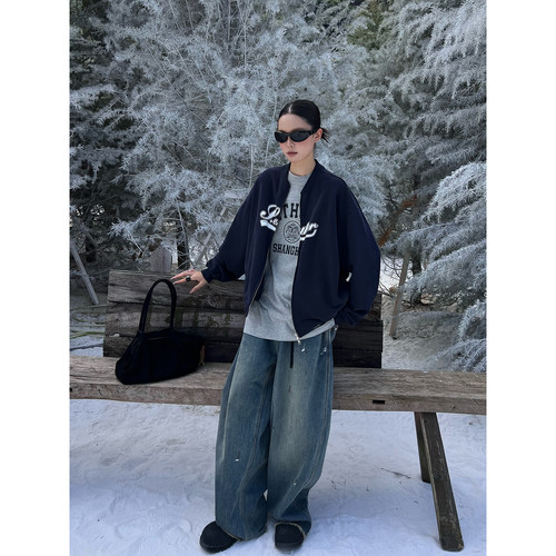 ETHOR秋冬女士做旧水洗牛仔长裤