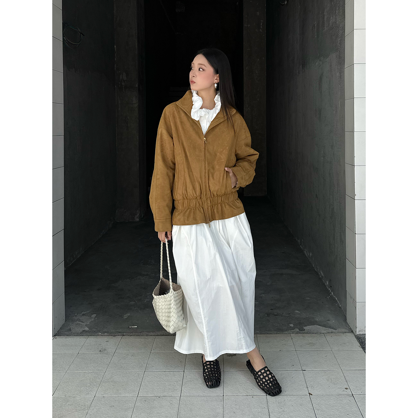 YCH秋冬休闲绒面拉链夹克外套女