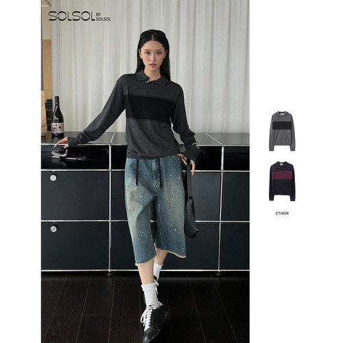 ETHOR秋冬女士斜拉链Polo针织