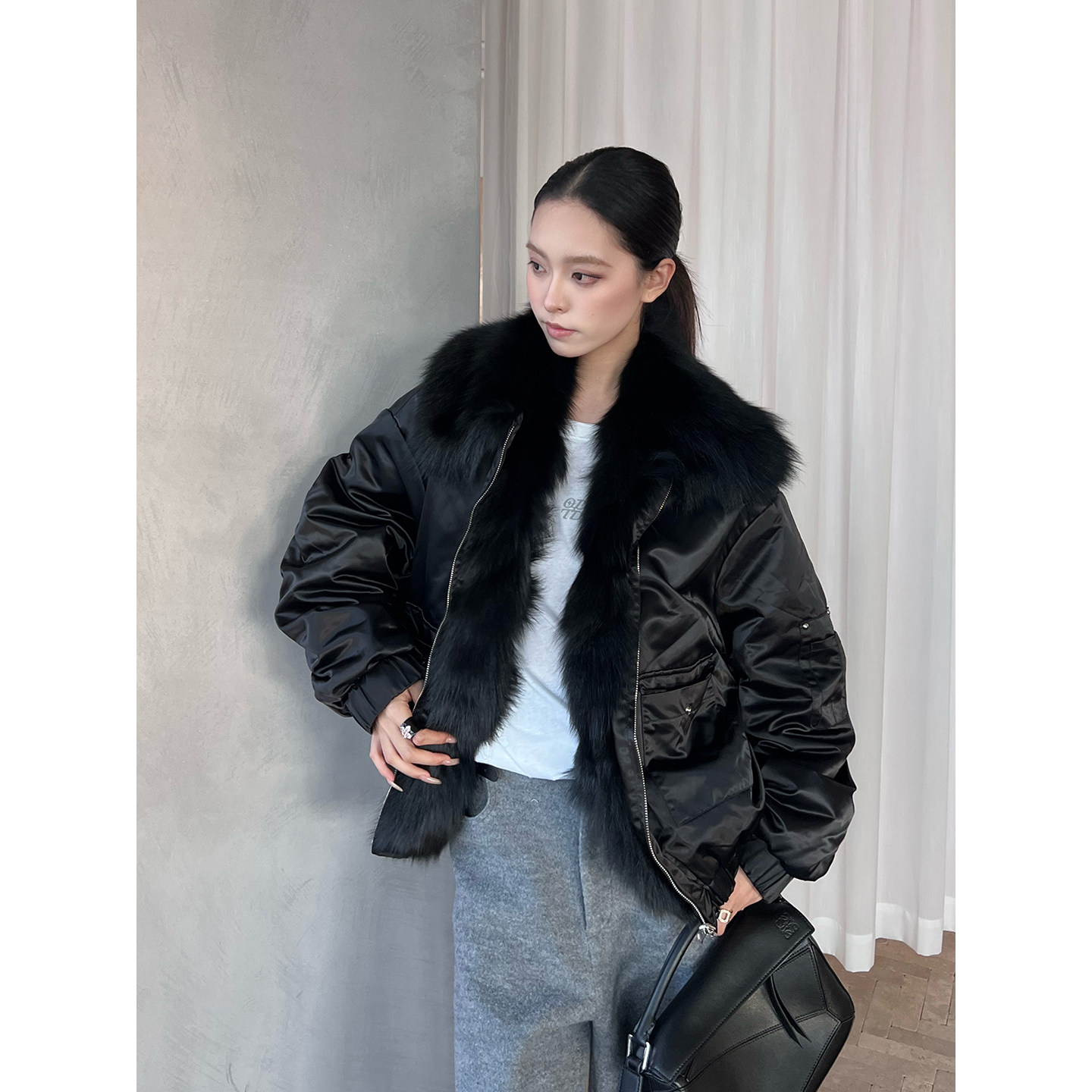 【王楚然同款】ODTD25秋冬新品狐狸毛正反两面穿尼龙夹克棉服外套