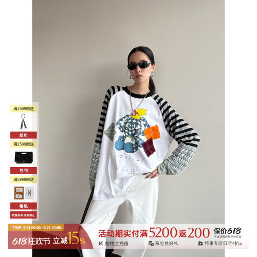 CHEERiUPi格纹小象拼接袖T恤