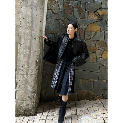 ETHOR女士休闲格纹拼接百褶半裙