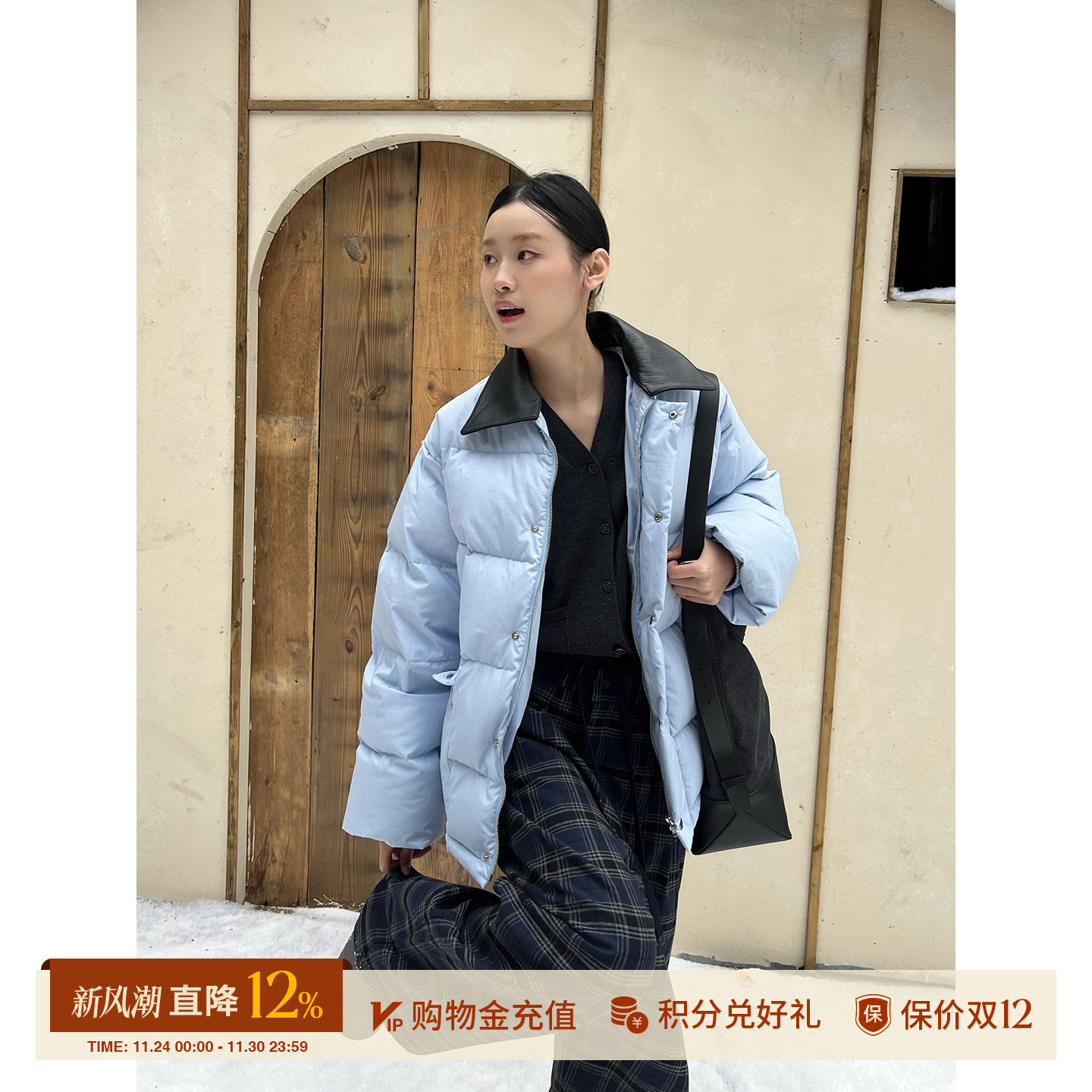 ETHOR休闲绗缝皮领羽绒服外套女