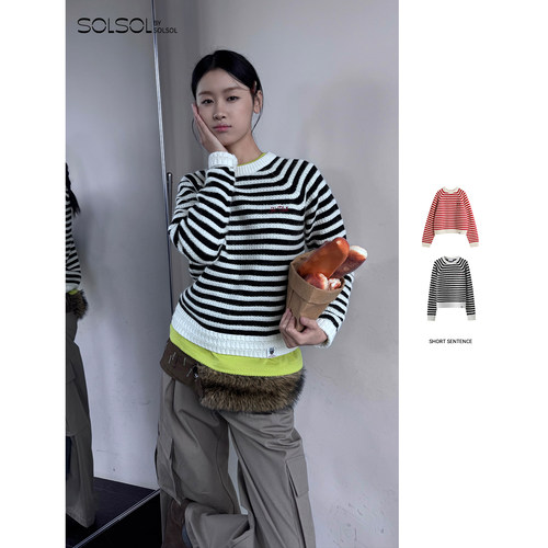 SHORTSENTENCE条纹圆领针织上衣