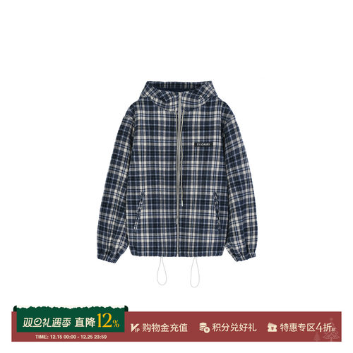 OIIORIRI连帽复合加绒格纹外套