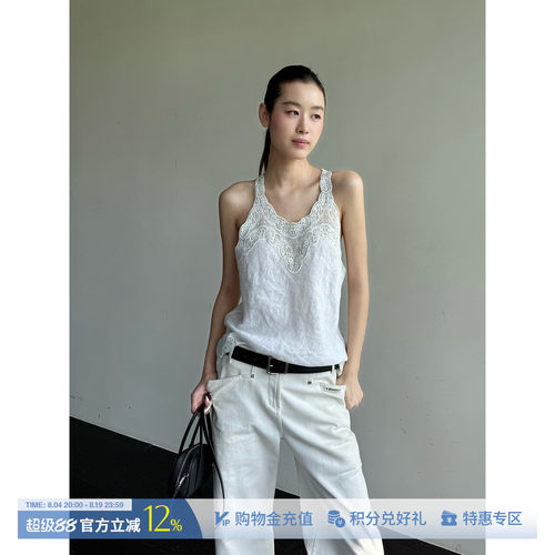 ETHOR简约亚麻蕾丝拼接上衣背心