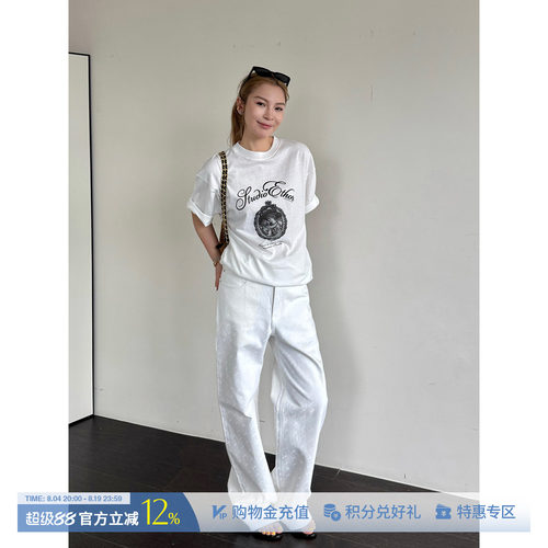ETHOR简约植绒印花直筒牛仔长裤