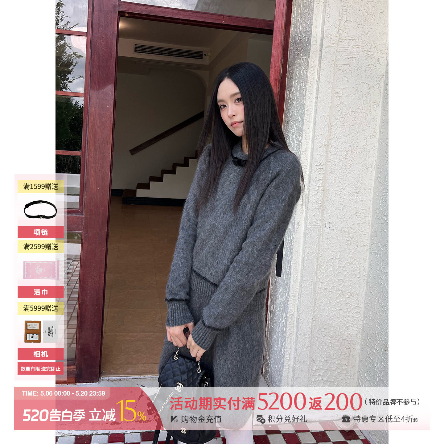 WMWM设计师25秋冬牦牛绒蝴蝶结装饰长袖针织上衣【特价款不退换】