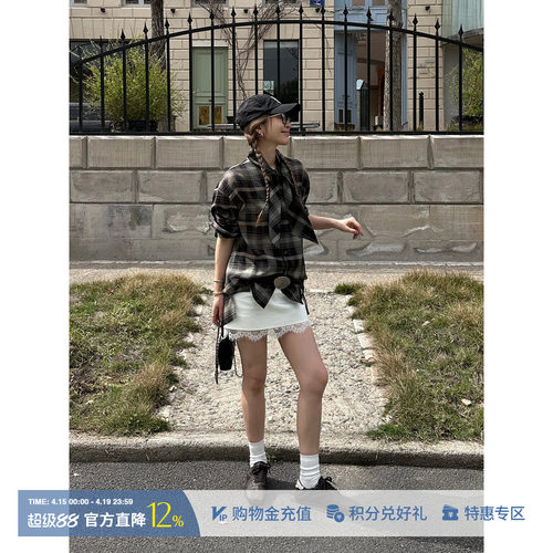 ETHOR休闲棕色格纹飘带衬衣