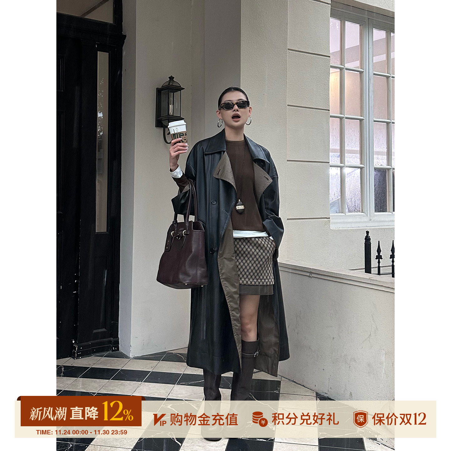 ANNENONO拼黑色袖口双排扣风衣秋