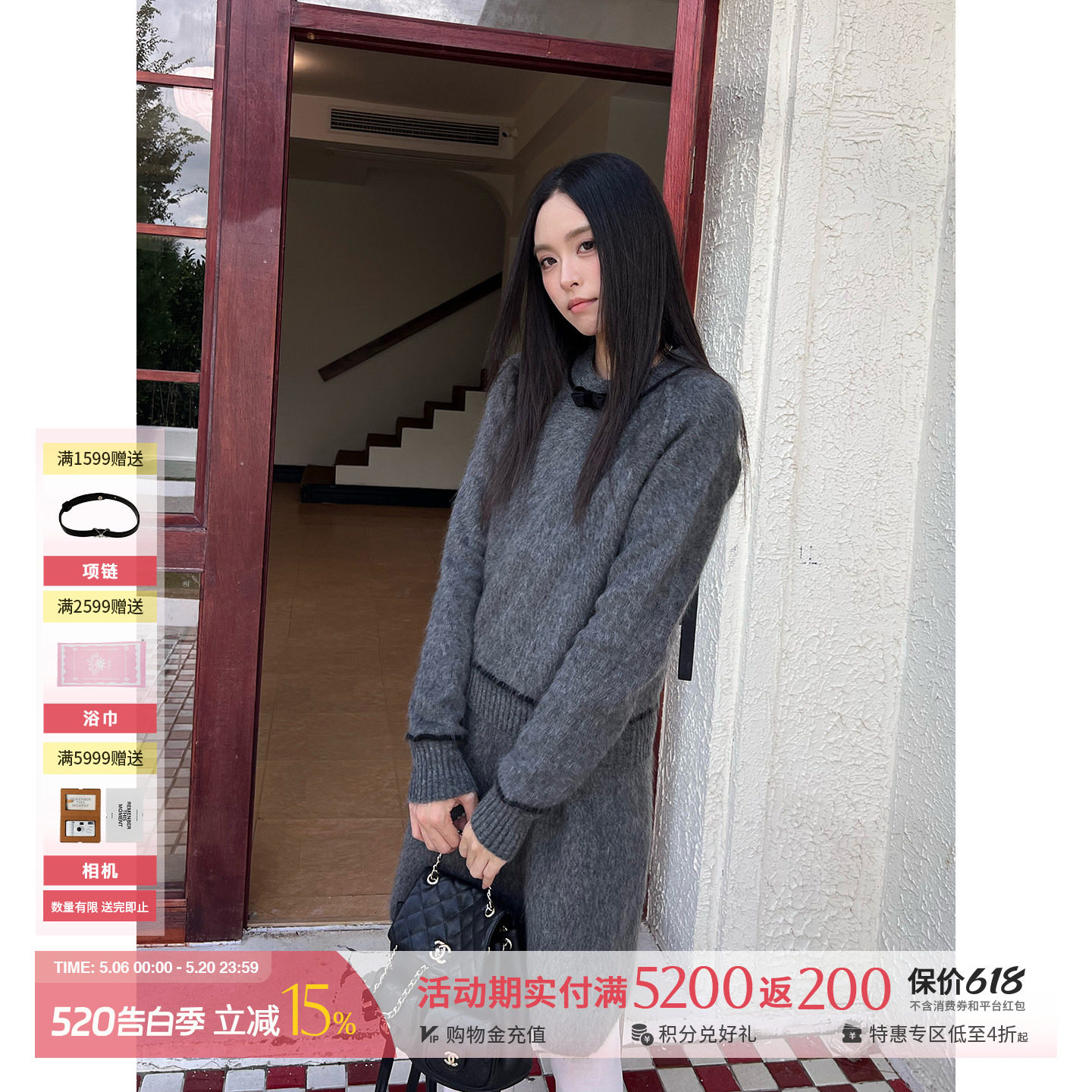 WMWM设计师25秋冬牦牛绒蝴蝶结装饰长袖针织上衣【特价款不退换】