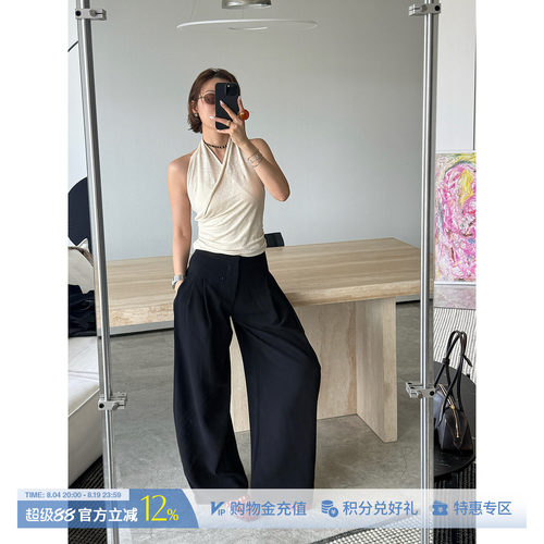 DEEPMOSS雾黑垂坠高腰微弧长裤