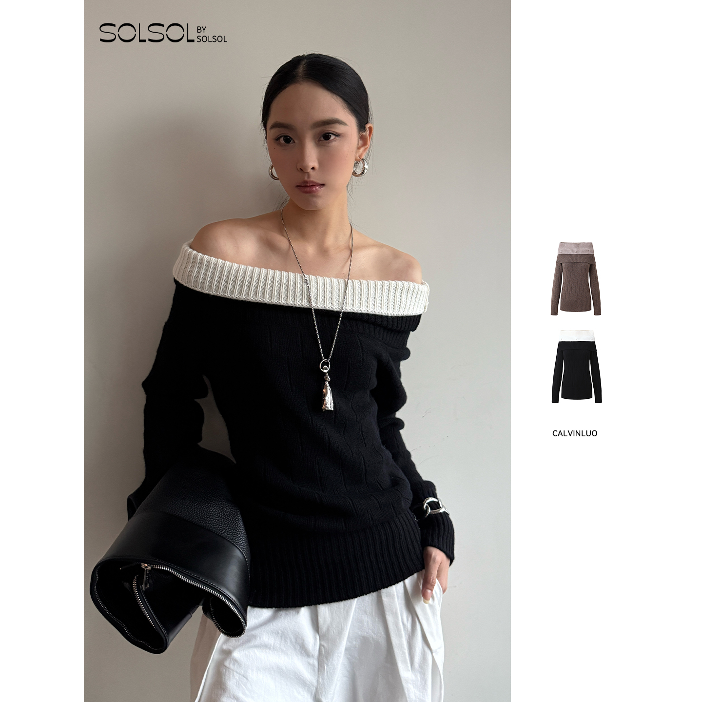 CALVINLUO纽扣拼接一字肩上衣女