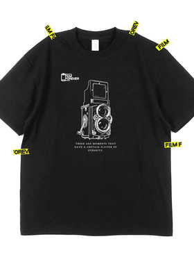 摄影文创220g双反胶片相机短袖T恤男士黑色圆领半袖纯棉体恤衫