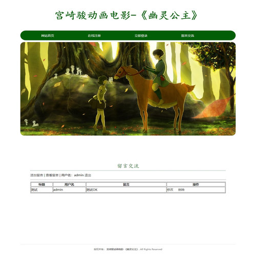 PHP动漫网页成品 电影幽灵公主 5页 HTML5+CSS3布局 注册登录留言