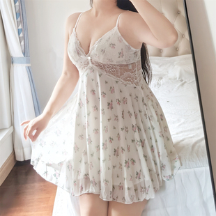 大码性感睡衣女qq新款胖mm带胸垫少妇减龄可爱碎花吊带睡裙200斤