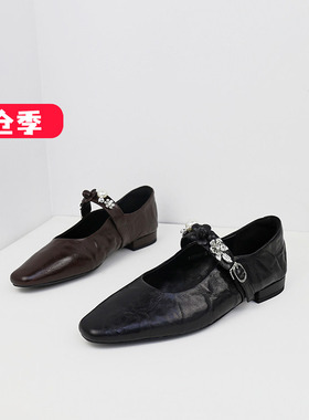 特价II可媚春款小方头手抓纹牛皮一字式串珠玛丽珍鞋女KA25357-16