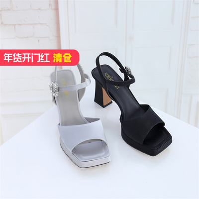 真丝布防水台粗高跟可媚2023夏