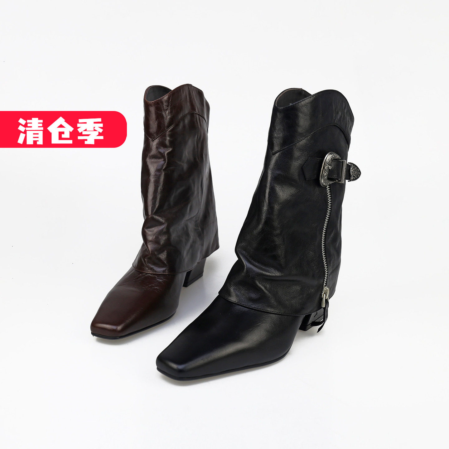 特价II可媚冬款小方头油蜡牛皮拉链皮带扣粗中跟低筒靴KC25936-07
