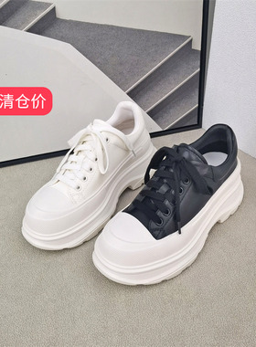清仓‖可媚正品秋款牛皮圆头松糕底系带休闲小白鞋女KC22794-138
