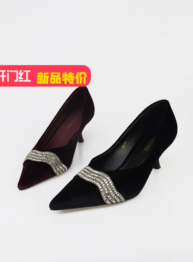 可媚正品20205新秋款尖头天鹅绒条形闪钻细细跟单鞋女KC25886-115