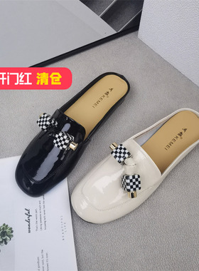 清仓‖可媚春款圆头牛漆皮蝴蝶结饰扣低跟包头拖鞋女KA22664-229