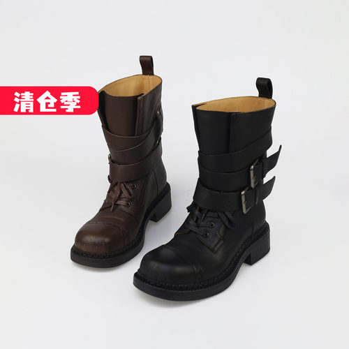 可媚圆头牛皮防水台皮带扣马丁靴