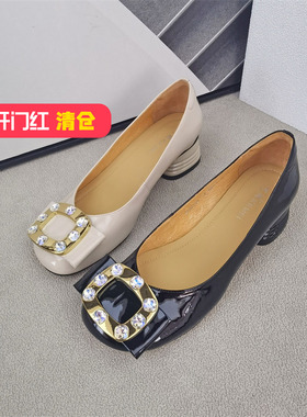 清仓‖可媚正品秋款圆头牛漆皮粗中跟水钻蝴蝶结单鞋KC22996-172
