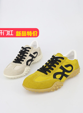 可媚2025新夏款圆头牛猄皮拼色防滑平底系带休闲女鞋子KB25608-02