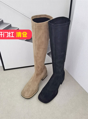 清仓‖可媚正品秋款方头弹力布森女车缝线防水台高筒靴KC22923-86