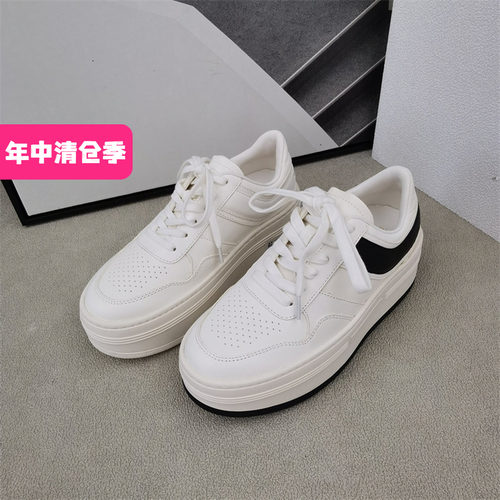 可媚秋牛皮系带拼色休闲鞋
