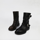 可媚2025新冬款 圆头油蜡牛皮皮带扣防水台套筒烟筒靴女KC25934