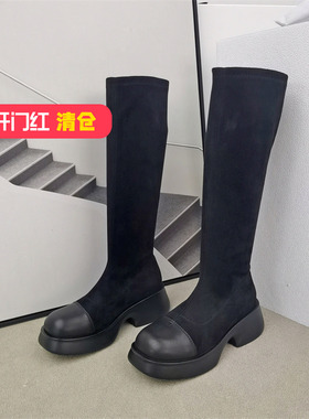 清仓‖可媚冬款圆头胎牛皮弹力绒防水台拼接高筒靴女KC22775-238