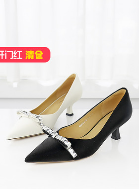 特价II可媚春款尖头水晶丝光牛皮蝴蝶结细中跟单鞋女KA24602-167