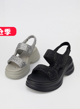 特价II可媚夏款牛反绒闪钻厚底脚腕绊带高跟露趾凉鞋女KB25677-62
