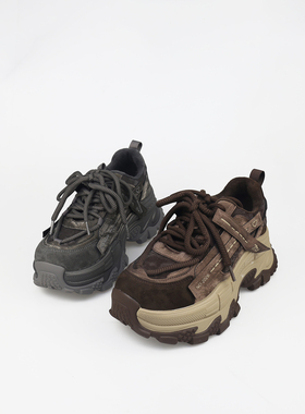 可媚2025新冬款圆头牛皮拼色厚底休闲鞋系带老爹鞋女KC25970-198