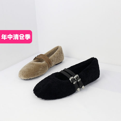可媚圆头羊羔毛平底玛丽珍女鞋