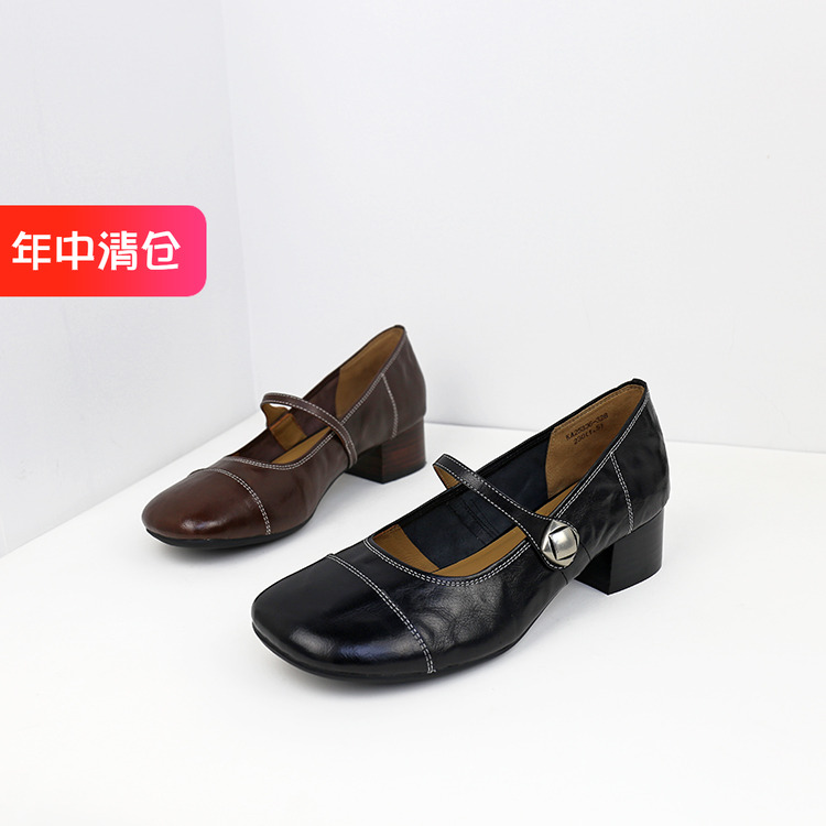 可媚油蜡胎牛皮粗中跟玛丽珍鞋女