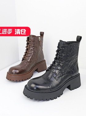 特价II可媚冬款圆头胎牛皮松糕底系带短靴侧拉链马丁靴KC24893-09