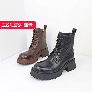 圆头胎牛皮松糕底系带短靴侧拉链马丁靴KC24893 特价 II可媚冬款