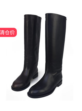 可媚圆头胎小牛皮防水台高筒靴女