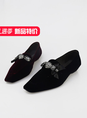 可媚2025新秋款方头天鹅绒金属饰扣蝴蝶结一脚蹬单鞋女KC25822-07