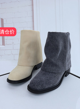 清仓II可媚正品秋冬款灰色牛津布杏色牛猄皮套筒短靴女KC23950-11
