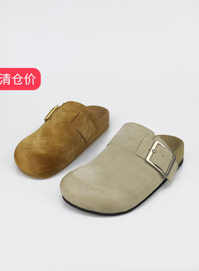特价II可媚冬款圆头牛猄皮真皮包跟松糕厚底包头拖鞋女KC25928-80