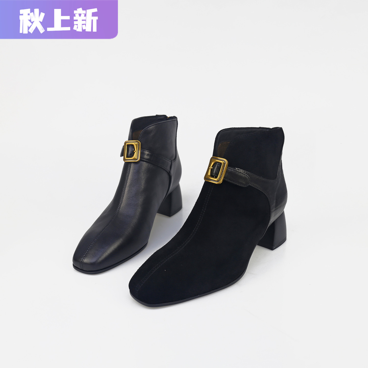 可媚粗中跟羊皮后拉链拼接短靴女